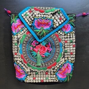 Chinese Embroidered Floral Drawstring Backpack